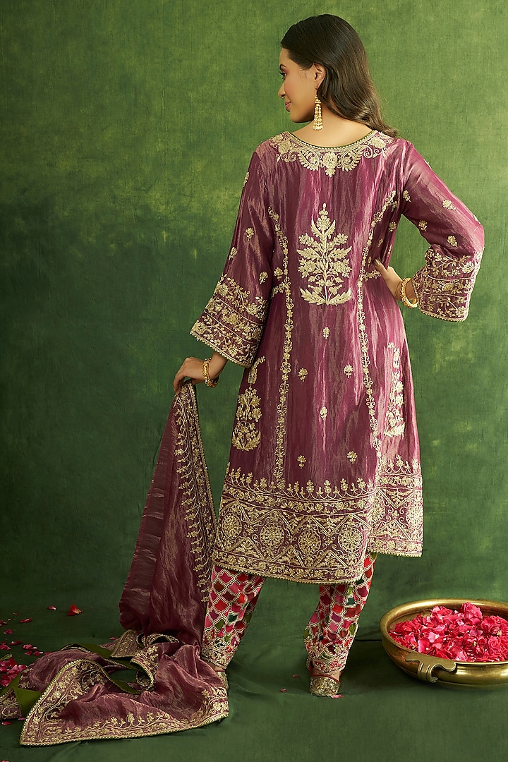Wine Chanderi Tissue Hand Embroidered A-Line Kurta Set by A Touch Of Zari at Pernia's Pop Up Shop