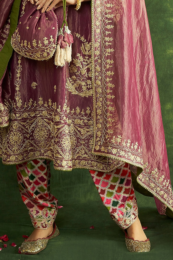 Wine Chanderi Tissue Hand Embroidered A-Line Kurta Set by A Touch Of Zari at Pernia's Pop Up Shop