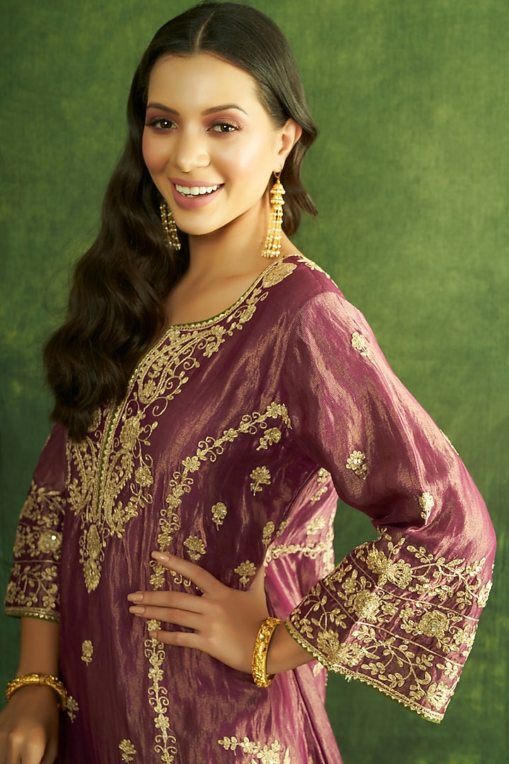 Wine Chanderi Tissue Hand Embroidered A-Line Kurta Set by A Touch Of Zari at Pernia's Pop Up Shop