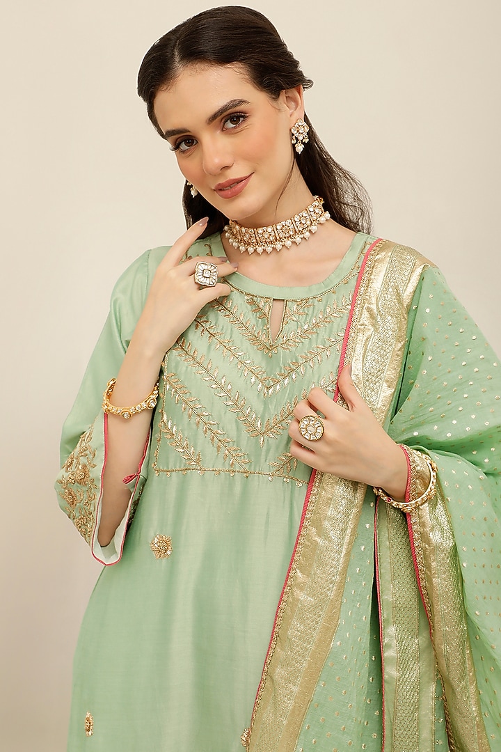 Mint Green Silk Chanderi Hand Embroidered Kurta Set by A Touch Of Zari at Pernia's Pop Up Shop