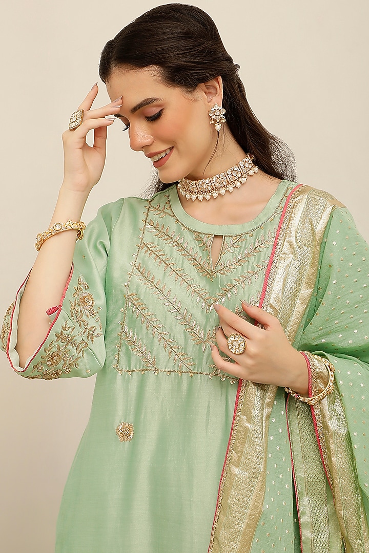Mint Green Silk Chanderi Hand Embroidered Kurta Set by A Touch Of Zari at Pernia's Pop Up Shop