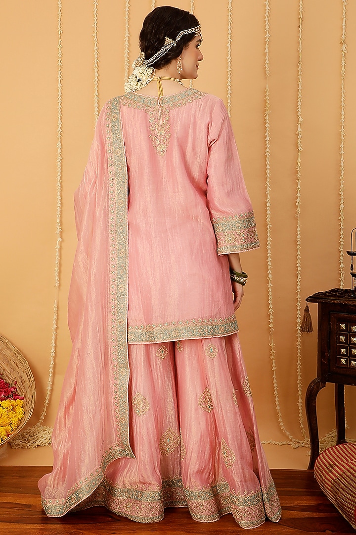 Pink Tissue Chanderi Kashmiri Tilla Embroidered Wedding Sharara Set by A Touch Of Zari at Pernia's Pop Up Shop