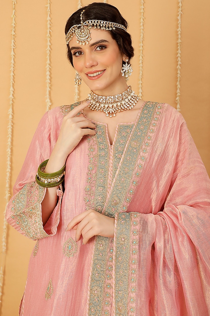 Pink Tissue Chanderi Kashmiri Tilla Embroidered Wedding Sharara Set by A Touch Of Zari at Pernia's Pop Up Shop