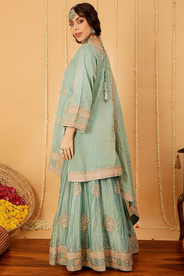 Blue Tissue Chanderi Kashmiri Tilla Embroidered Wedding Sharara Set by A Touch Of Zari at Pernia's Pop Up Shop