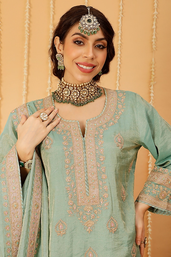 Blue Tissue Chanderi Kashmiri Tilla Embroidered Wedding Sharara Set by A Touch Of Zari at Pernia's Pop Up Shop