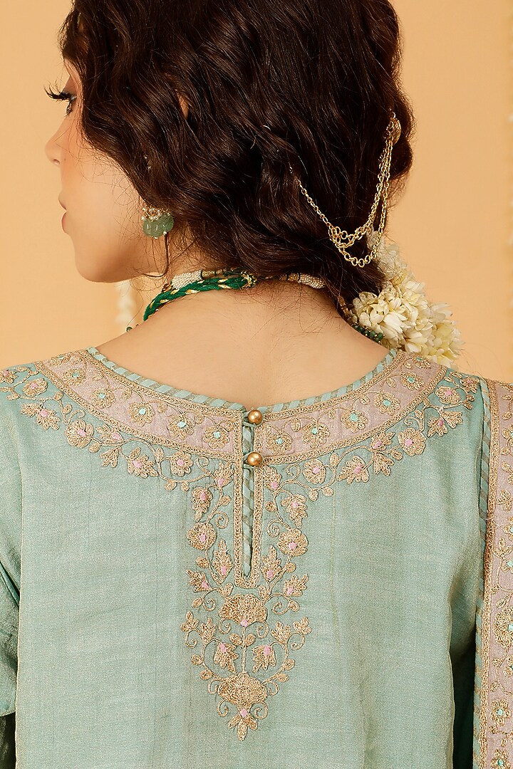 Blue Tissue Chanderi Kashmiri Tilla Embroidered Wedding Sharara Set by A Touch Of Zari at Pernia's Pop Up Shop