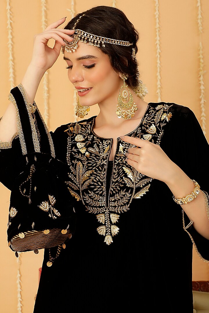 Black Pure Silk Velvet Zardosi Hand Embroidered Kurta Set by A Touch Of Zari at Pernia's Pop Up Shop