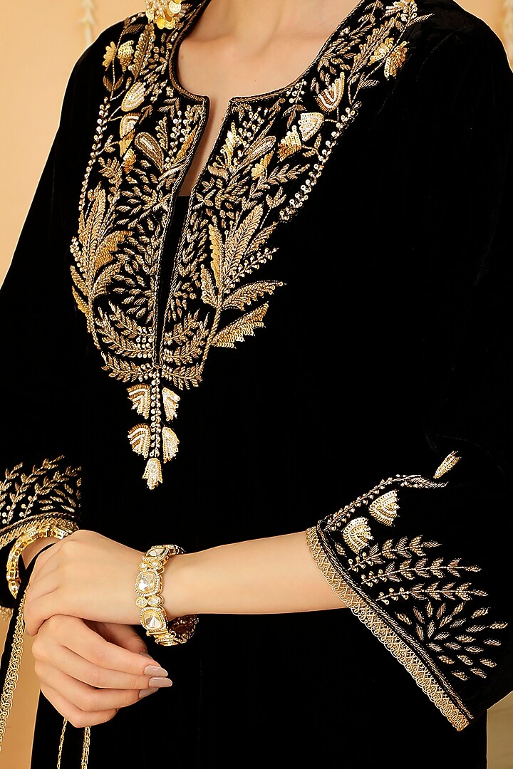 Black Pure Silk Velvet Zardosi Hand Embroidered Kurta Set by A Touch Of Zari at Pernia's Pop Up Shop