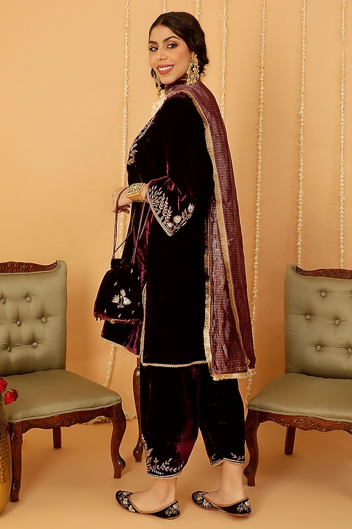 Maroon Pure Silk Velvet Zardosi Hand Embroidered Kurta Set by A Touch Of Zari at Pernia's Pop Up Shop