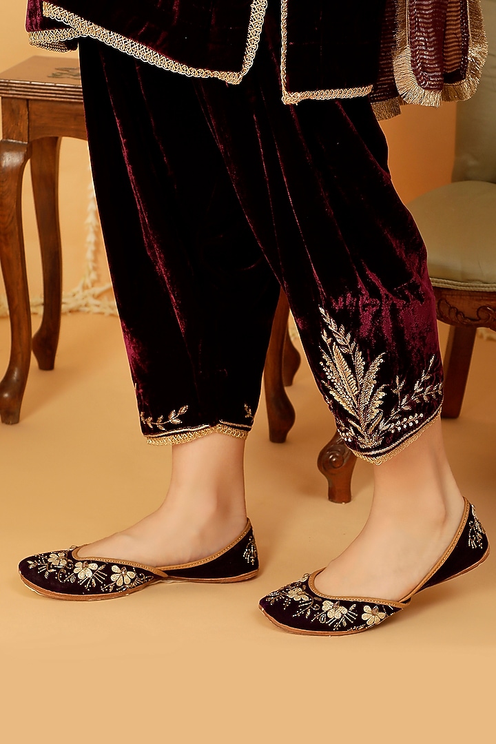 Maroon Pure Silk Velvet Zardosi Hand Embroidered Kurta Set by A Touch Of Zari at Pernia's Pop Up Shop