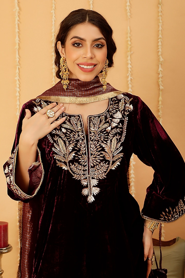 Maroon Pure Silk Velvet Zardosi Hand Embroidered Kurta Set by A Touch Of Zari at Pernia's Pop Up Shop