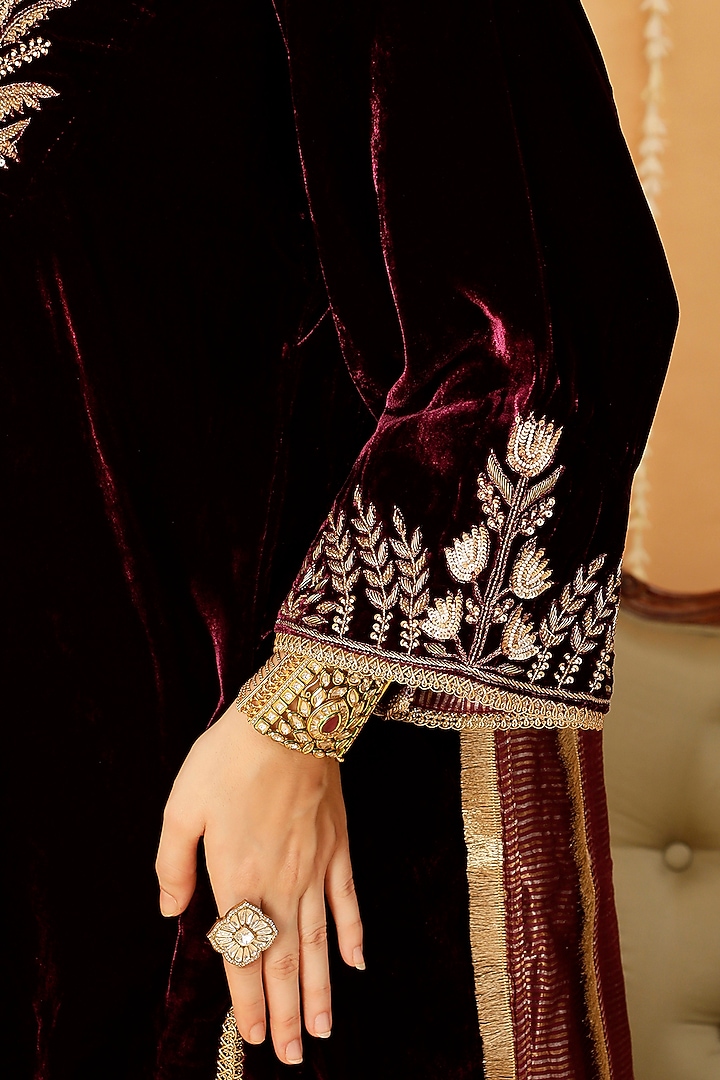 Maroon Pure Silk Velvet Zardosi Hand Embroidered Kurta Set by A Touch Of Zari at Pernia's Pop Up Shop
