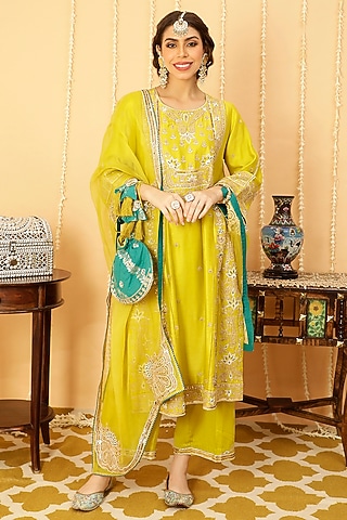 Lime Green Pure Silk Chanderi Embroidered Kurta Set by A Touch Of Zari