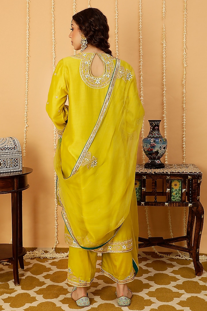 Lime Green Pure Silk Chanderi Embroidered Kurta Set by A Touch Of Zari at Pernia's Pop Up Shop
