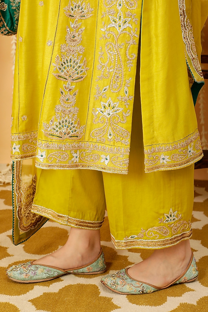 Lime Green Pure Silk Chanderi Embroidered Kurta Set by A Touch Of Zari at Pernia's Pop Up Shop