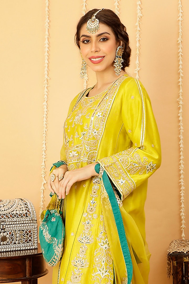 Lime Green Pure Silk Chanderi Embroidered Kurta Set by A Touch Of Zari at Pernia's Pop Up Shop