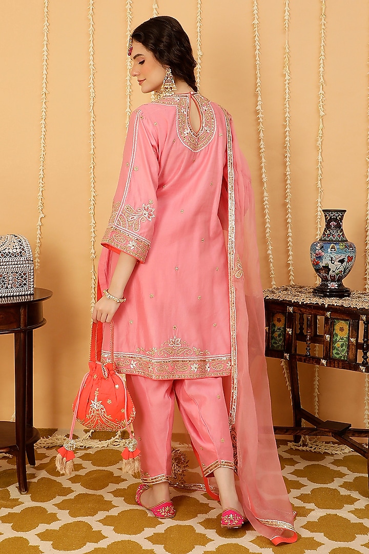 Pop Pink Pure Silk Chanderi Embroidered Knee Length Kurta Set by A Touch Of Zari at Pernia's Pop Up Shop