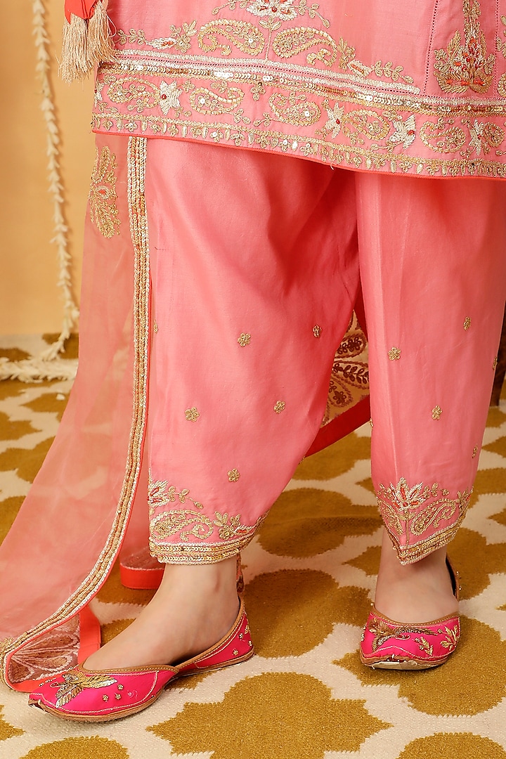 Pop Pink Pure Silk Chanderi Embroidered Knee Length Kurta Set by A Touch Of Zari at Pernia's Pop Up Shop