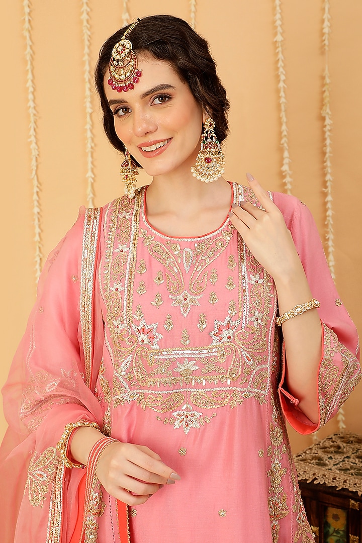 Pop Pink Pure Silk Chanderi Embroidered Knee Length Kurta Set by A Touch Of Zari at Pernia's Pop Up Shop