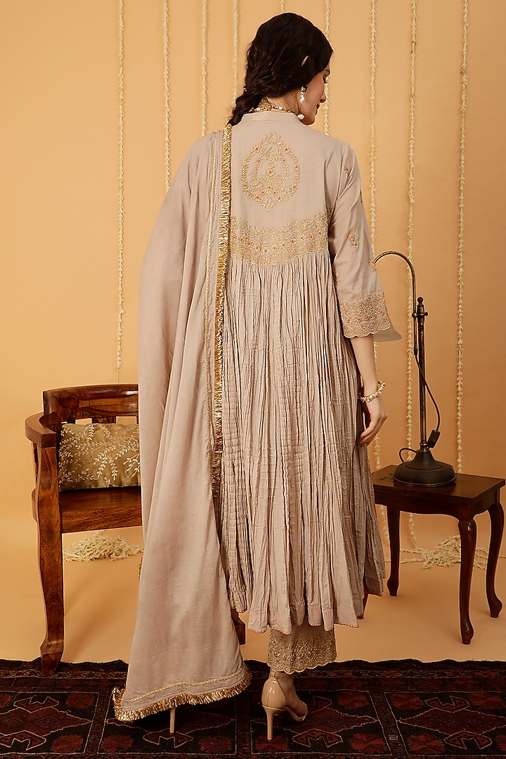 Beige Mulmul Zari Embroidered Crinkled Party Wear Anarkali Set by A Touch Of Zari at Pernia's Pop Up Shop