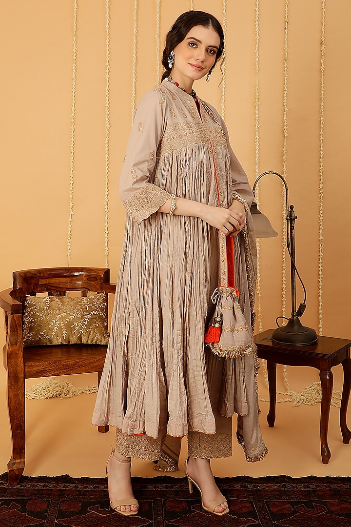 Beige Mulmul Zari Embroidered Crinkled Party Wear Anarkali Set by A Touch Of Zari at Pernia's Pop Up Shop