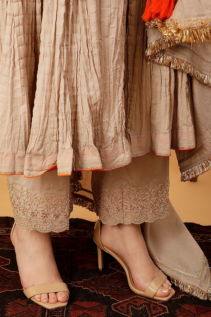 Beige Mulmul Zari Embroidered Crinkled Party Wear Anarkali Set by A Touch Of Zari at Pernia's Pop Up Shop