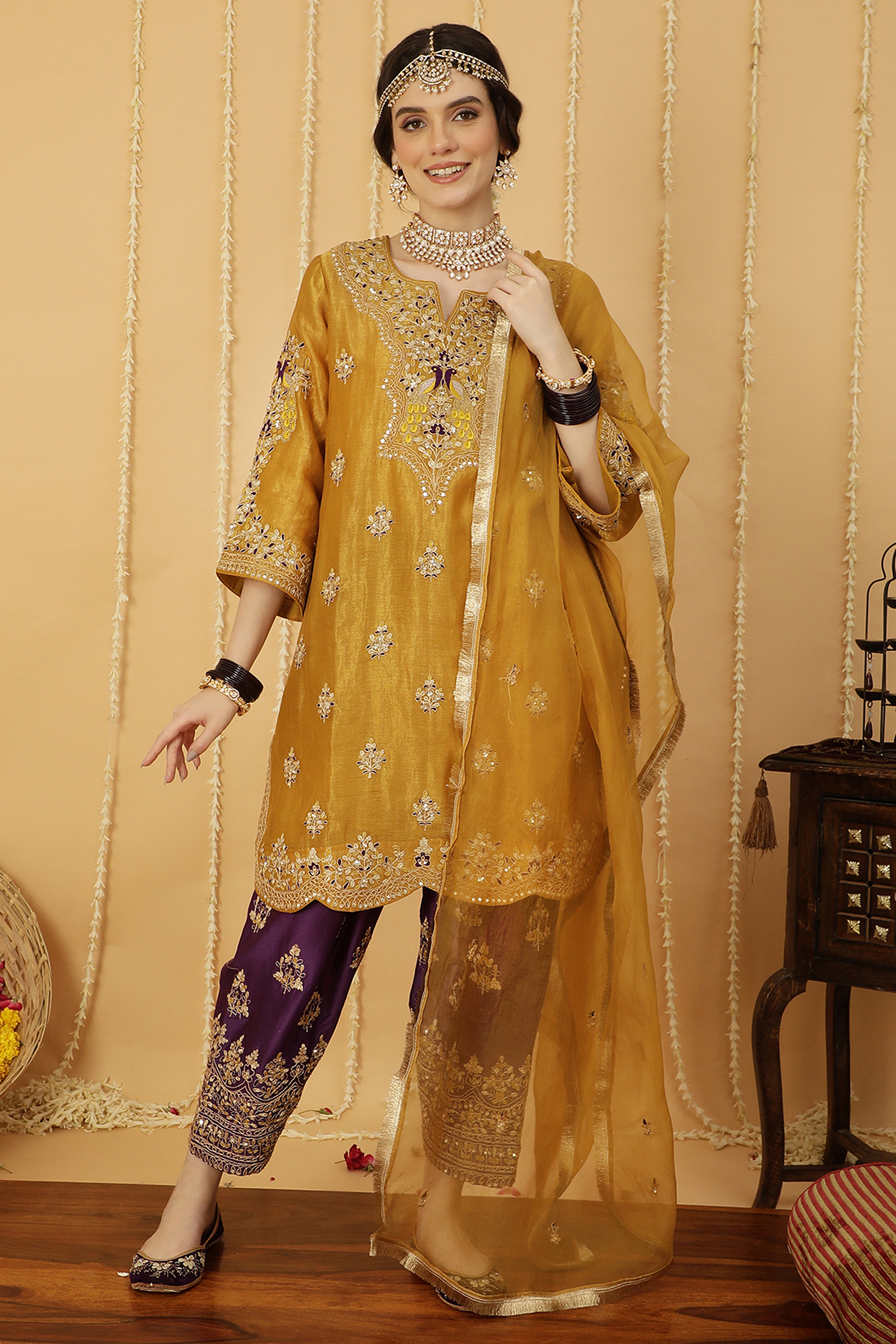 Mustard Chanderi Tissue Zari Embroidered Kurta Set by A Touch Of Zari at Pernia's Pop Up Shop
