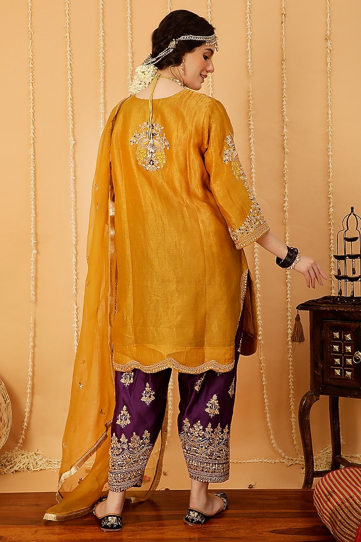 Mustard Chanderi Tissue Zari Embroidered Kurta Set by A Touch Of Zari at Pernia's Pop Up Shop