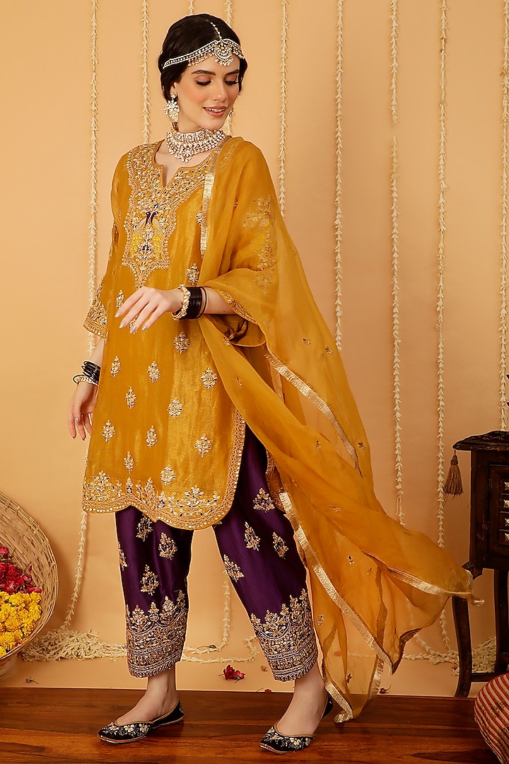 Mustard Chanderi Tissue Zari Embroidered Kurta Set by A Touch Of Zari at Pernia's Pop Up Shop