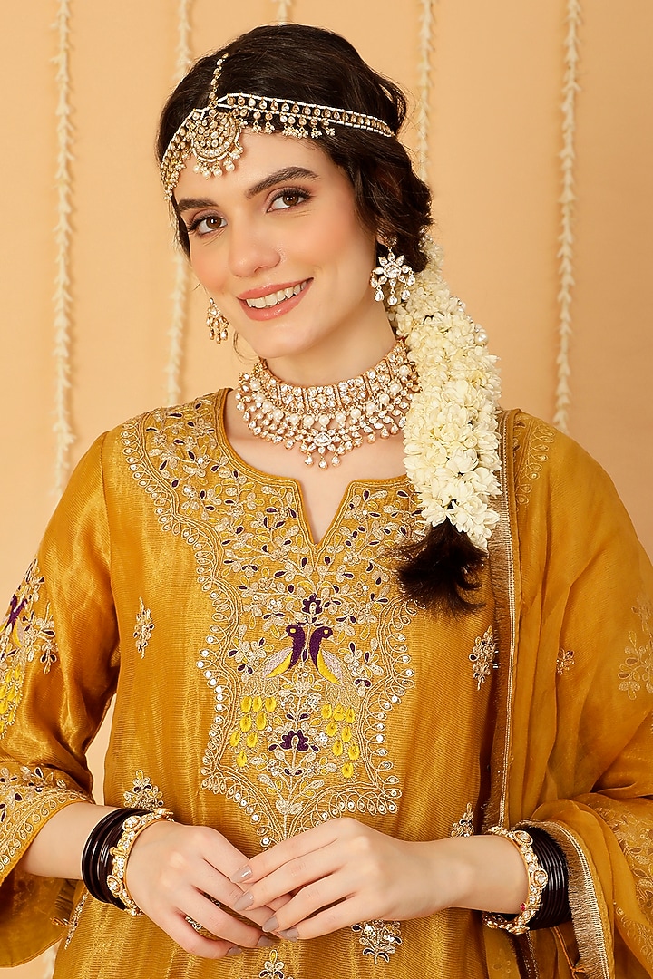 Mustard Chanderi Tissue Zari Embroidered Kurta Set by A Touch Of Zari at Pernia's Pop Up Shop