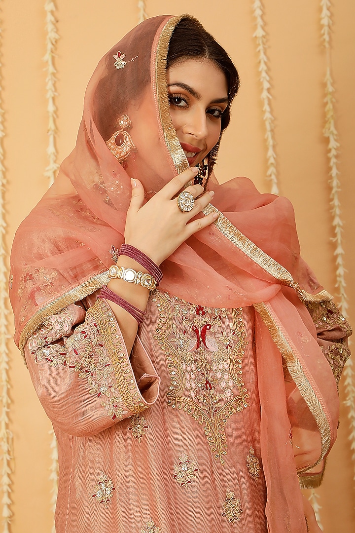 Dusty Pink Chanderi Tissue Zari Embroidered Kurta Set by A Touch Of Zari at Pernia's Pop Up Shop