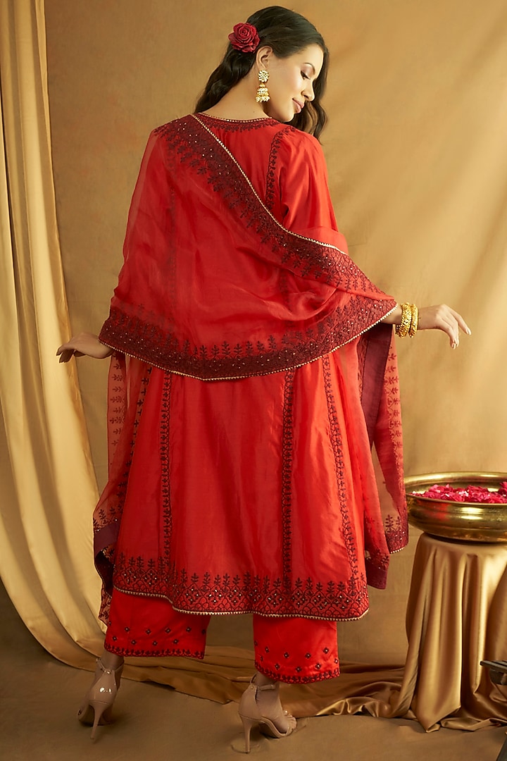 Red Pure Silk Chanderi Embroidered A-Line Kurta Set by A Touch Of Zari at Pernia's Pop Up Shop