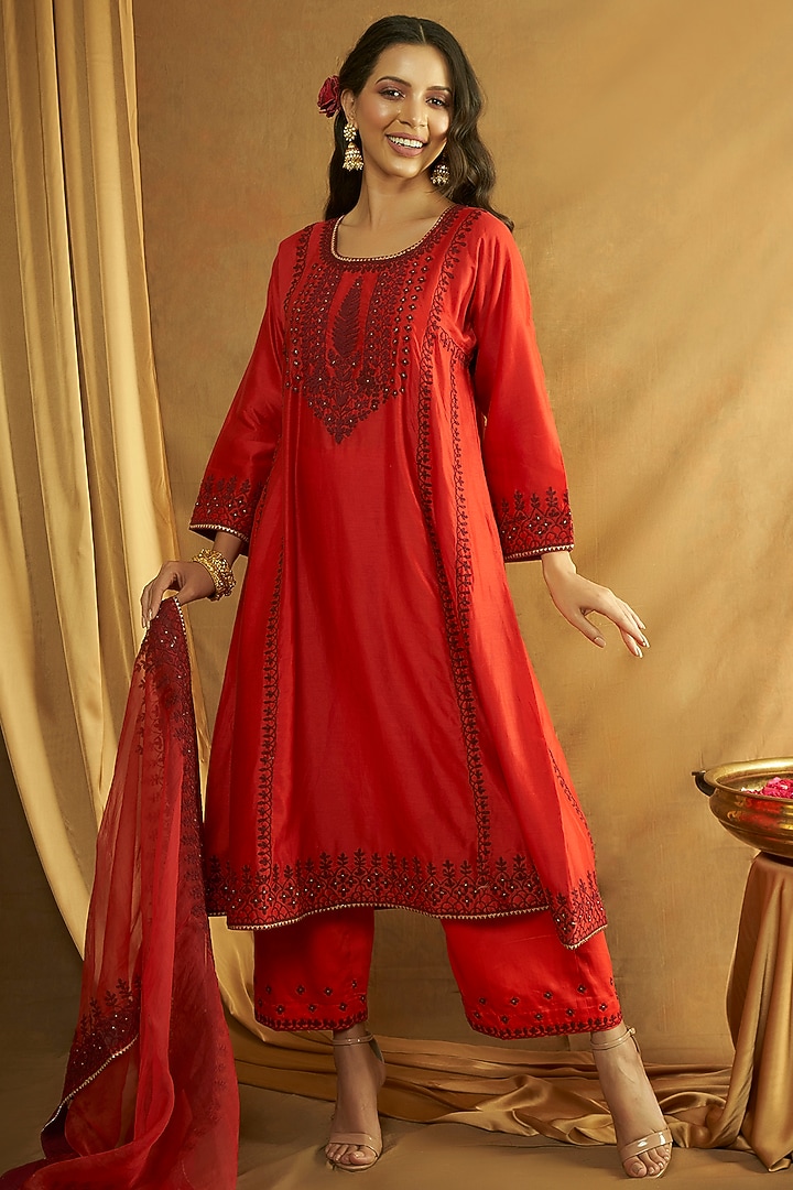 Red Pure Silk Chanderi Embroidered A-Line Kurta Set by A Touch Of Zari at Pernia's Pop Up Shop
