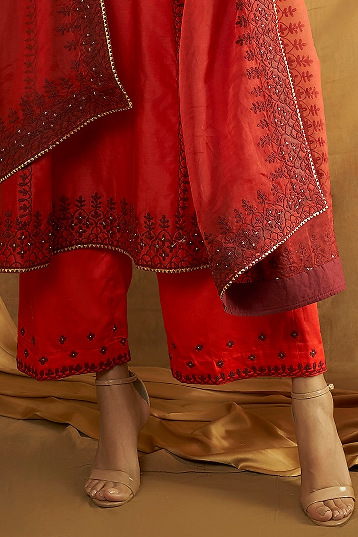 Red Pure Silk Chanderi Embroidered A-Line Kurta Set by A Touch Of Zari at Pernia's Pop Up Shop