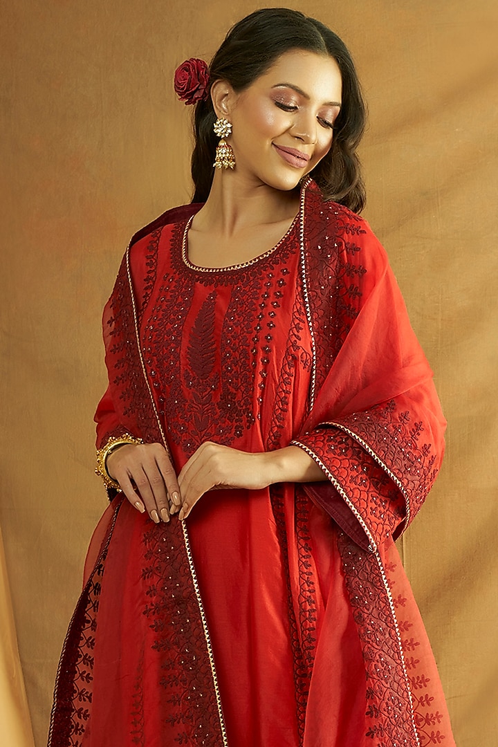 Red Pure Silk Chanderi Embroidered A-Line Kurta Set by A Touch Of Zari at Pernia's Pop Up Shop