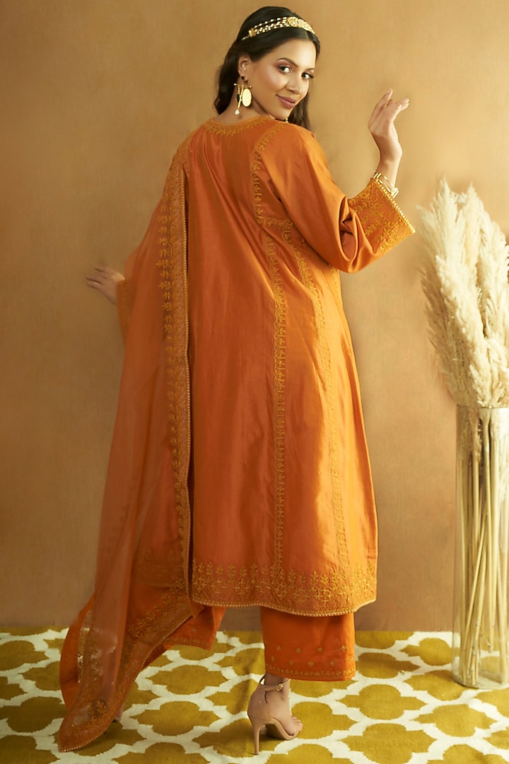 Orange Pure Silk Chanderi Embroidered A-Line Kurta Set by A Touch Of Zari at Pernia's Pop Up Shop