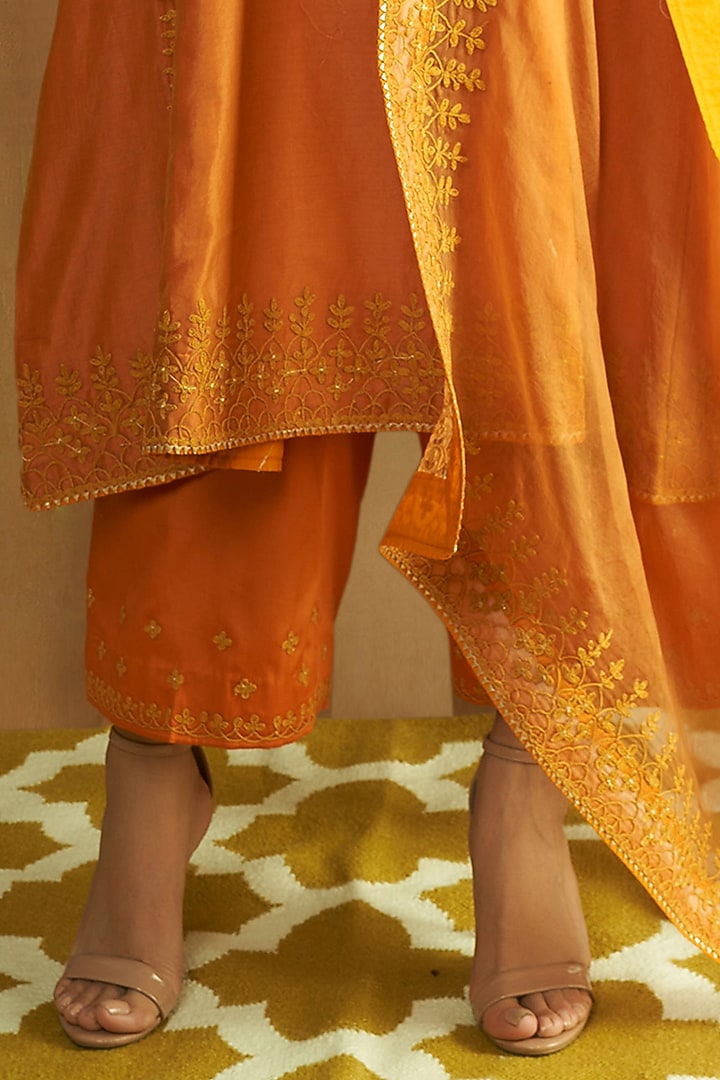 Orange Pure Silk Chanderi Embroidered A-Line Kurta Set by A Touch Of Zari at Pernia's Pop Up Shop