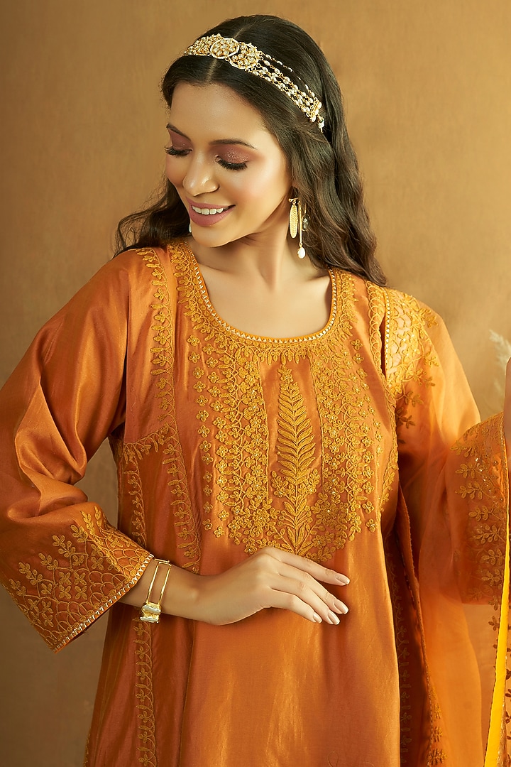 Orange Pure Silk Chanderi Embroidered A-Line Kurta Set by A Touch Of Zari at Pernia's Pop Up Shop