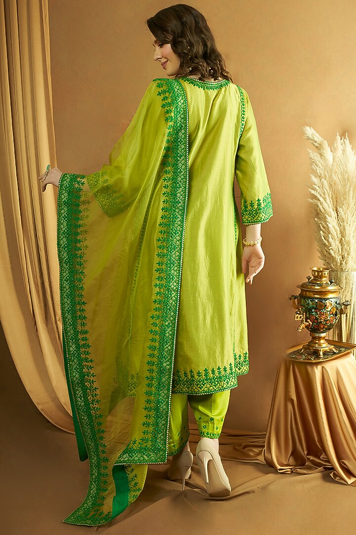 Green Pure Silk Chanderi Embroidered A-Line Kurta Set by A Touch Of Zari at Pernia's Pop Up Shop