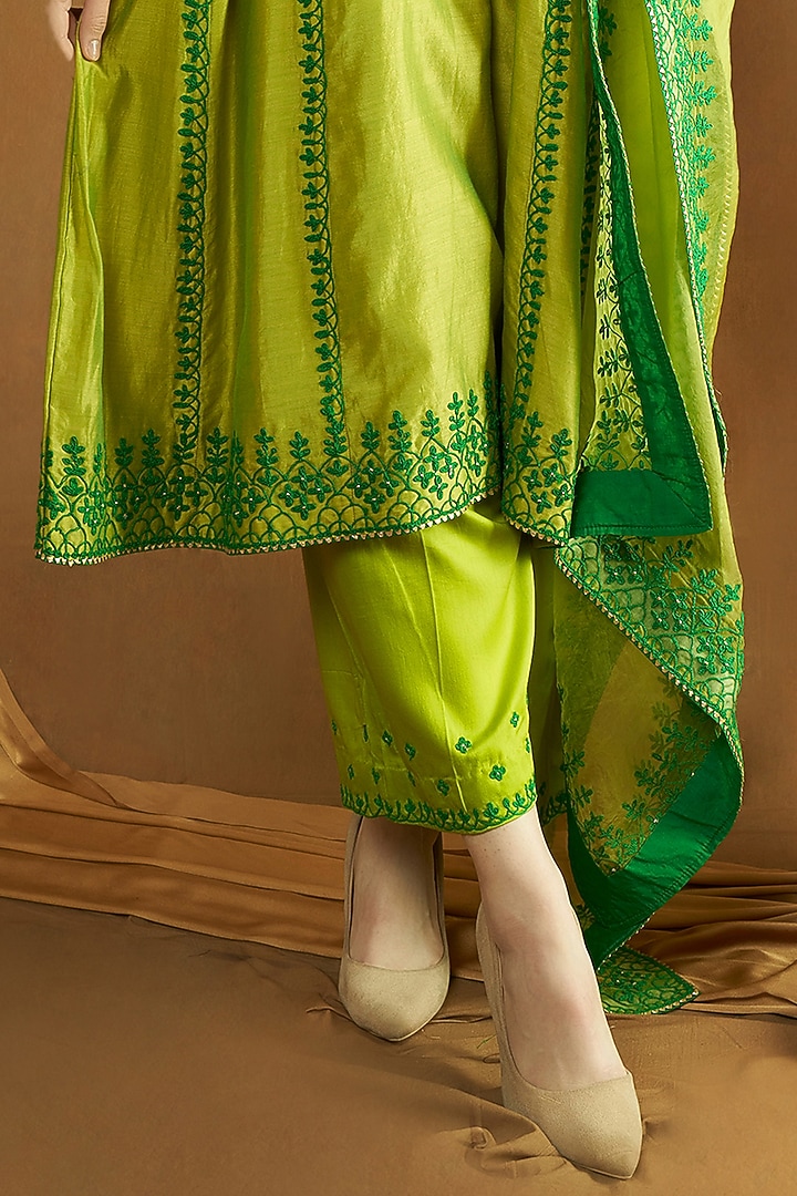 Green Pure Silk Chanderi Embroidered A-Line Kurta Set by A Touch Of Zari at Pernia's Pop Up Shop