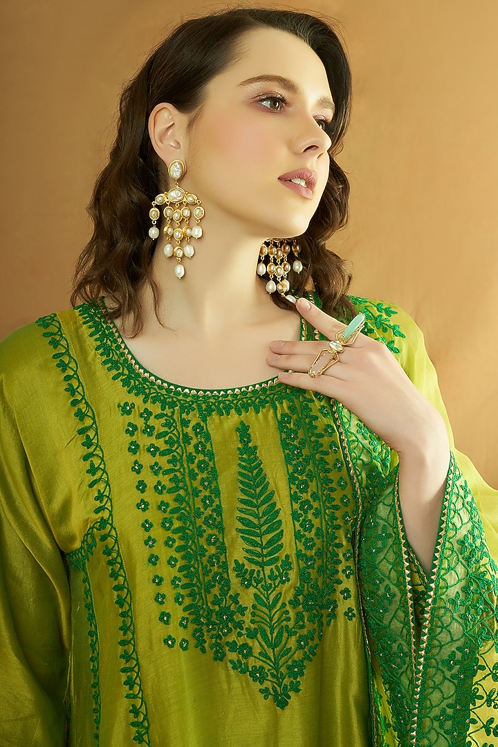 Green Pure Silk Chanderi Embroidered A-Line Kurta Set by A Touch Of Zari at Pernia's Pop Up Shop