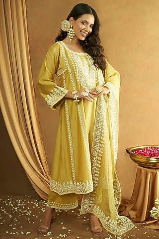 Lime Pure Silk Chanderi Thread Embroidered A-Line Kurta Set by A Touch Of Zari