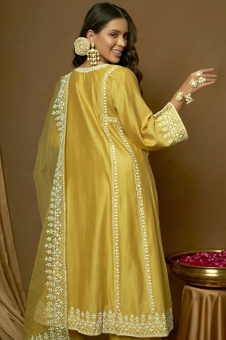 Lime Pure Silk Chanderi Thread Embroidered A-Line Kurta Set by A Touch Of Zari at Pernia's Pop Up Shop