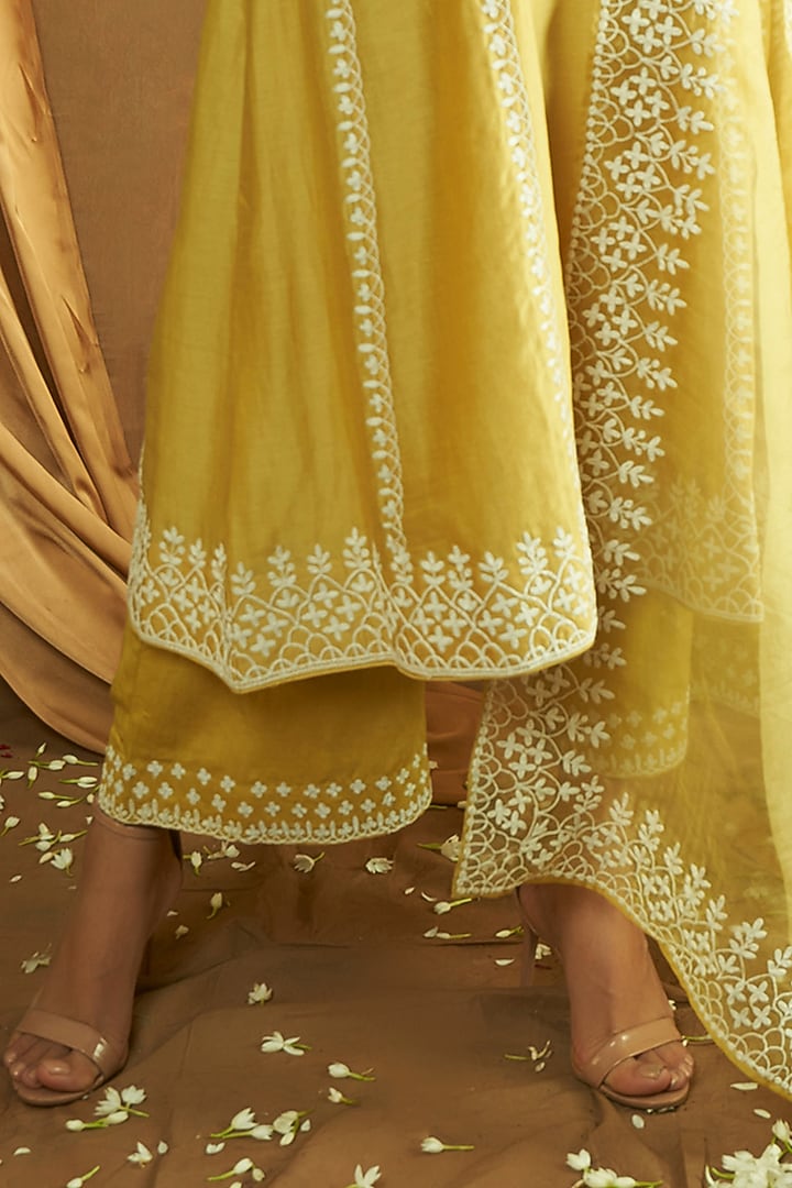 Lime Pure Silk Chanderi Thread Embroidered A-Line Kurta Set by A Touch Of Zari at Pernia's Pop Up Shop
