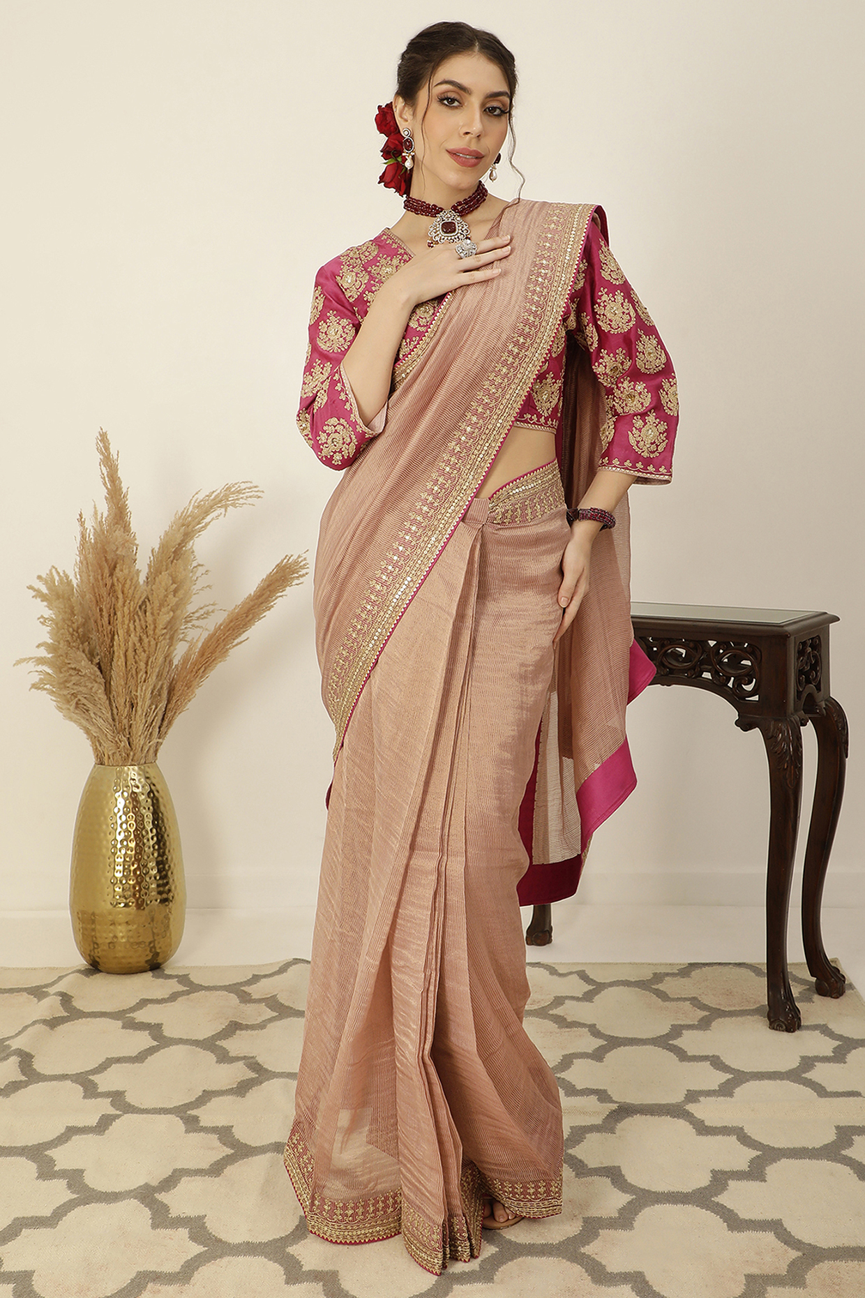 Lilac Chanderi Tissue Silk Pre-Draped Saree Set by A Touch Of Zari at Pernia's Pop Up Shop