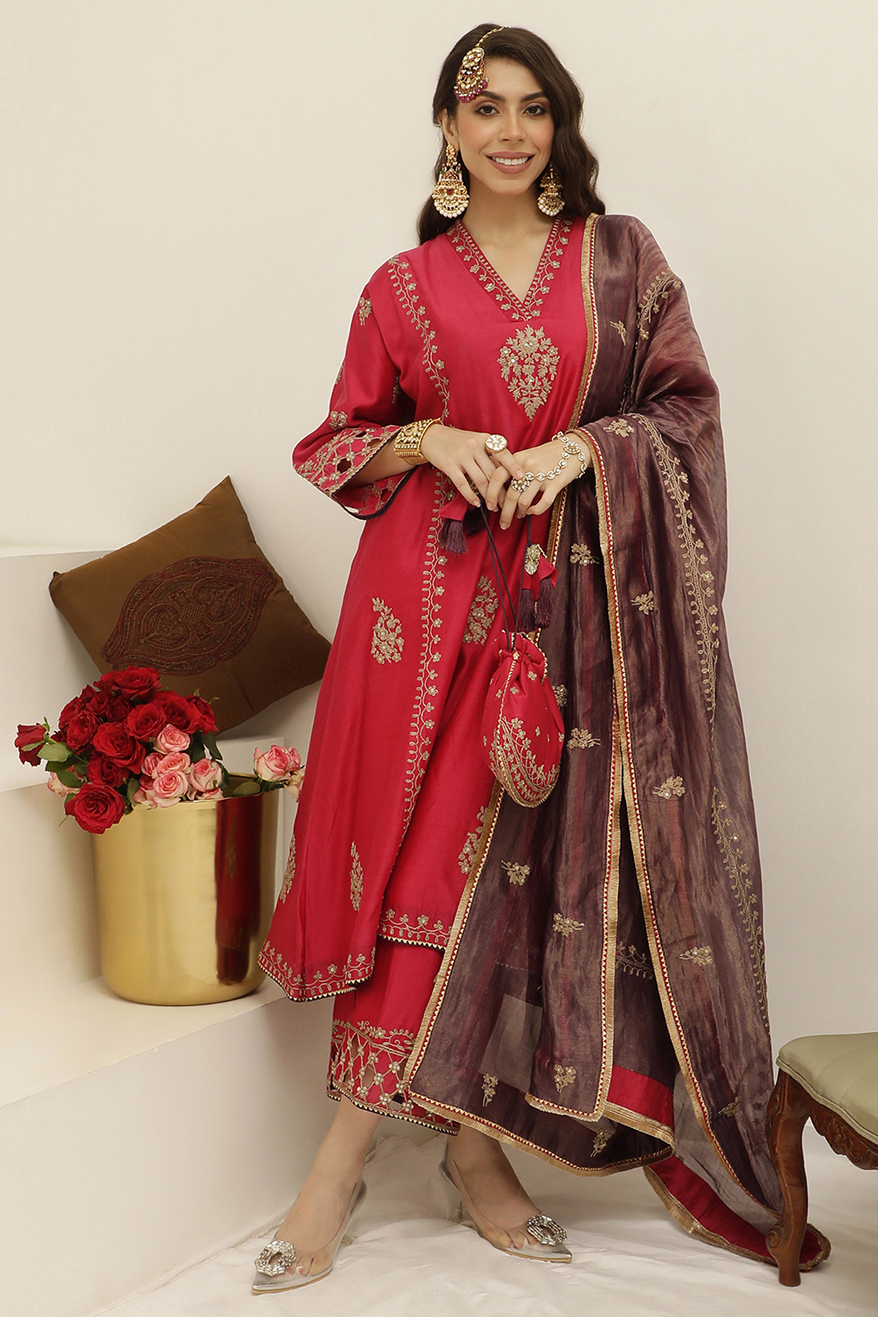 Ruby Red Pure Silk Chanderi Cutwork Embroidered A-Line Kurta Set by A Touch Of Zari at Pernia's Pop Up Shop