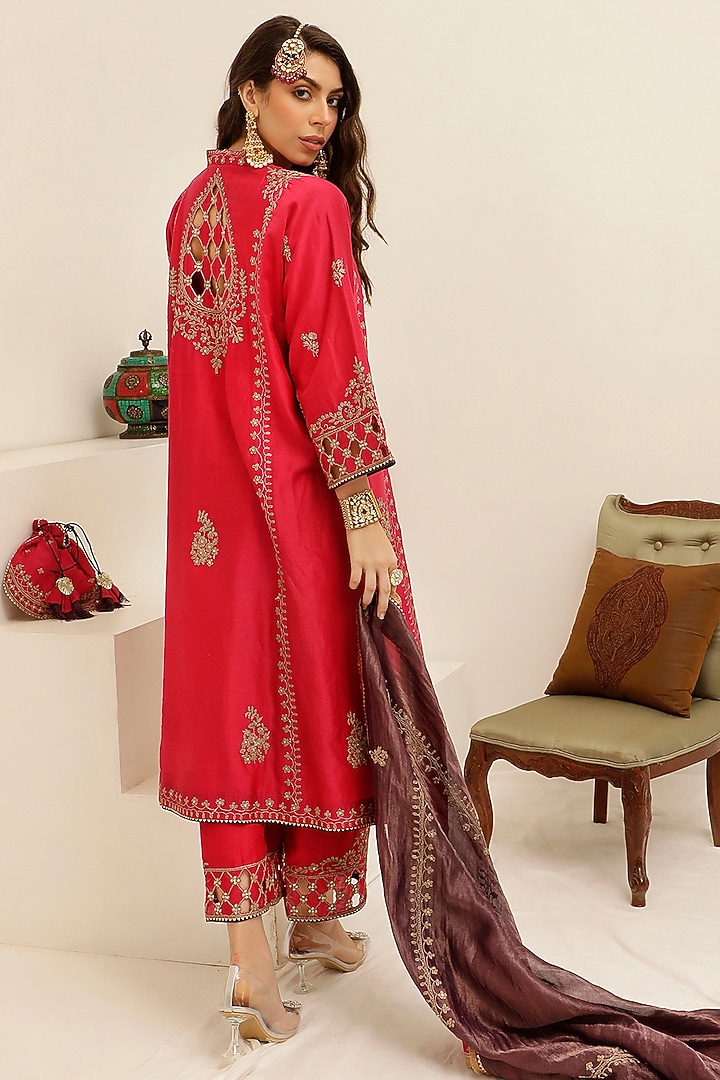 Ruby Red Pure Silk Chanderi Cutwork Embroidered A-Line Kurta Set by A Touch Of Zari at Pernia's Pop Up Shop