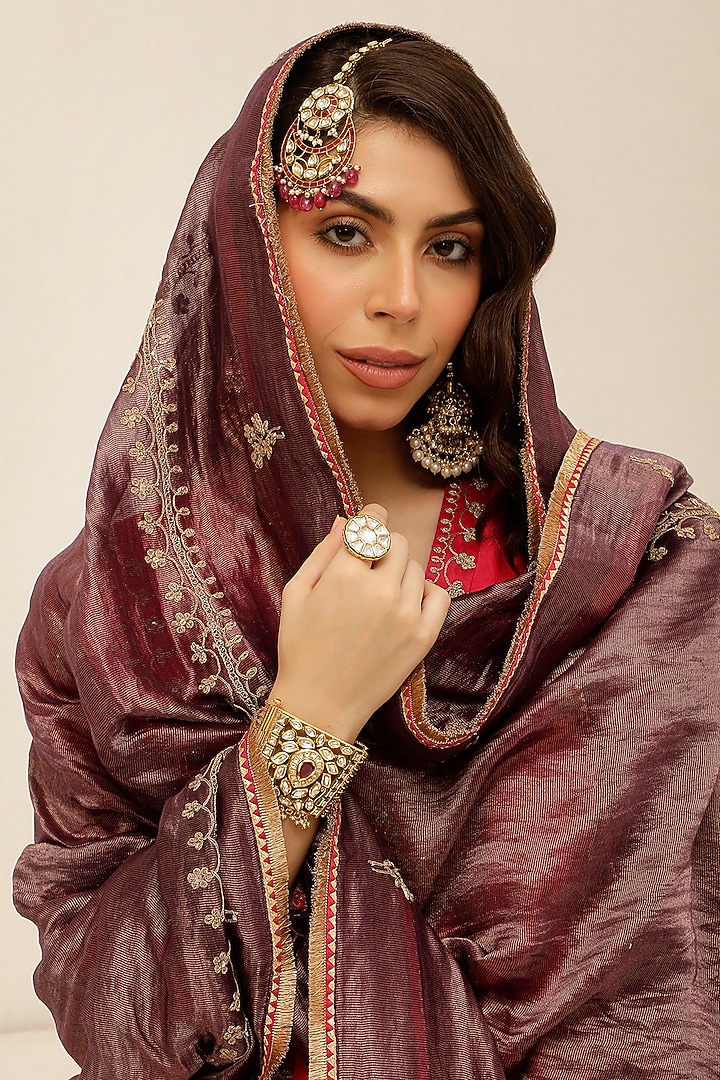 Ruby Red Pure Silk Chanderi Cutwork Embroidered A-Line Kurta Set by A Touch Of Zari at Pernia's Pop Up Shop