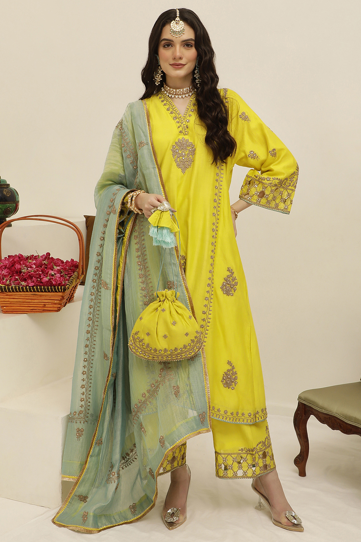 Lemon Yellow Pure Silk Chanderi Cutwork Embroidered A-Line Kurta Set by A Touch Of Zari at Pernia's Pop Up Shop