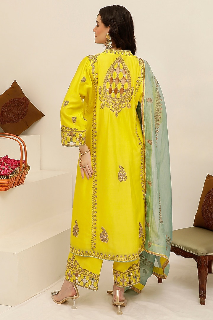 Lemon Yellow Pure Silk Chanderi Cutwork Embroidered A-Line Kurta Set by A Touch Of Zari at Pernia's Pop Up Shop